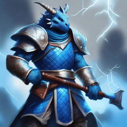 A blue dragonborn with light blue dots on his skin wearing cleric armor, holding a hammer that crackles with lightning