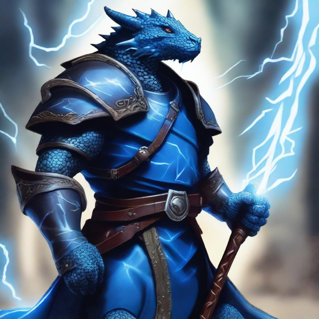 A blue dragonborn with light blue dots on his skin wearing cleric armor, holding a hammer that crackles with lightning