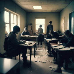 A group of students inside a room in a school during an apocalypse