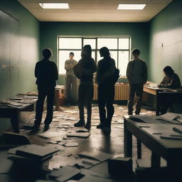 A group of students inside a room in a school during an apocalypse