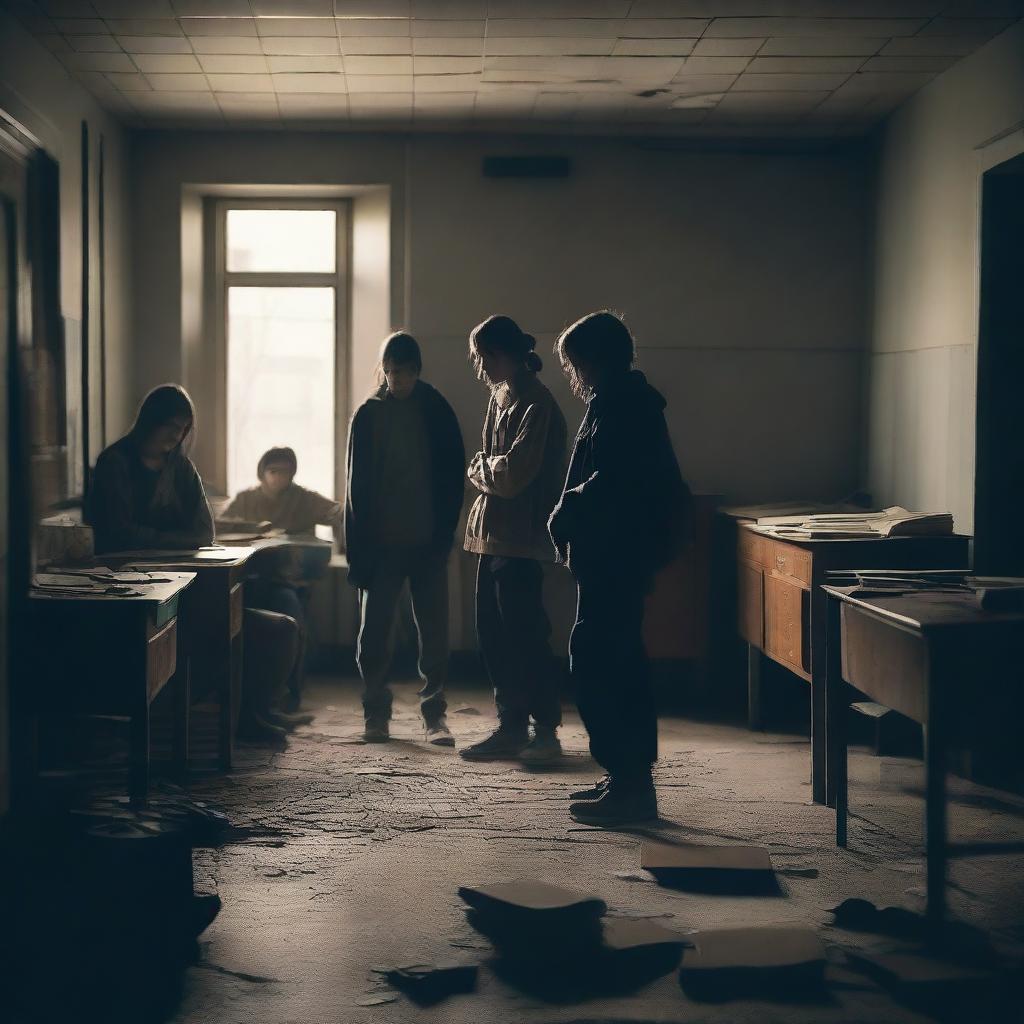 A group of students inside a room in a school during an apocalypse