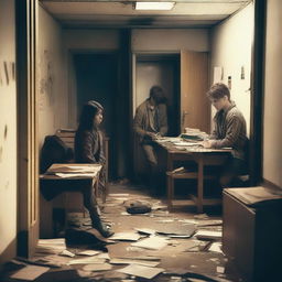 A group of students inside a room in a school during an apocalypse