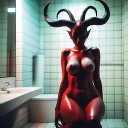 An edgy scene showing a beautiful succubus, sitting mundanely naked on a toilet in a modern, brightly lit bathroom