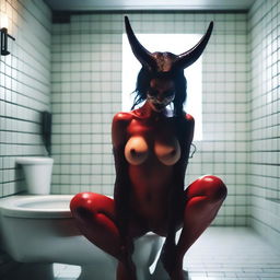 An edgy scene showing a beautiful succubus, sitting mundanely naked on a toilet in a modern, brightly lit bathroom