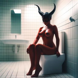 An edgy scene showing a beautiful succubus, sitting mundanely naked on a toilet in a modern, brightly lit bathroom