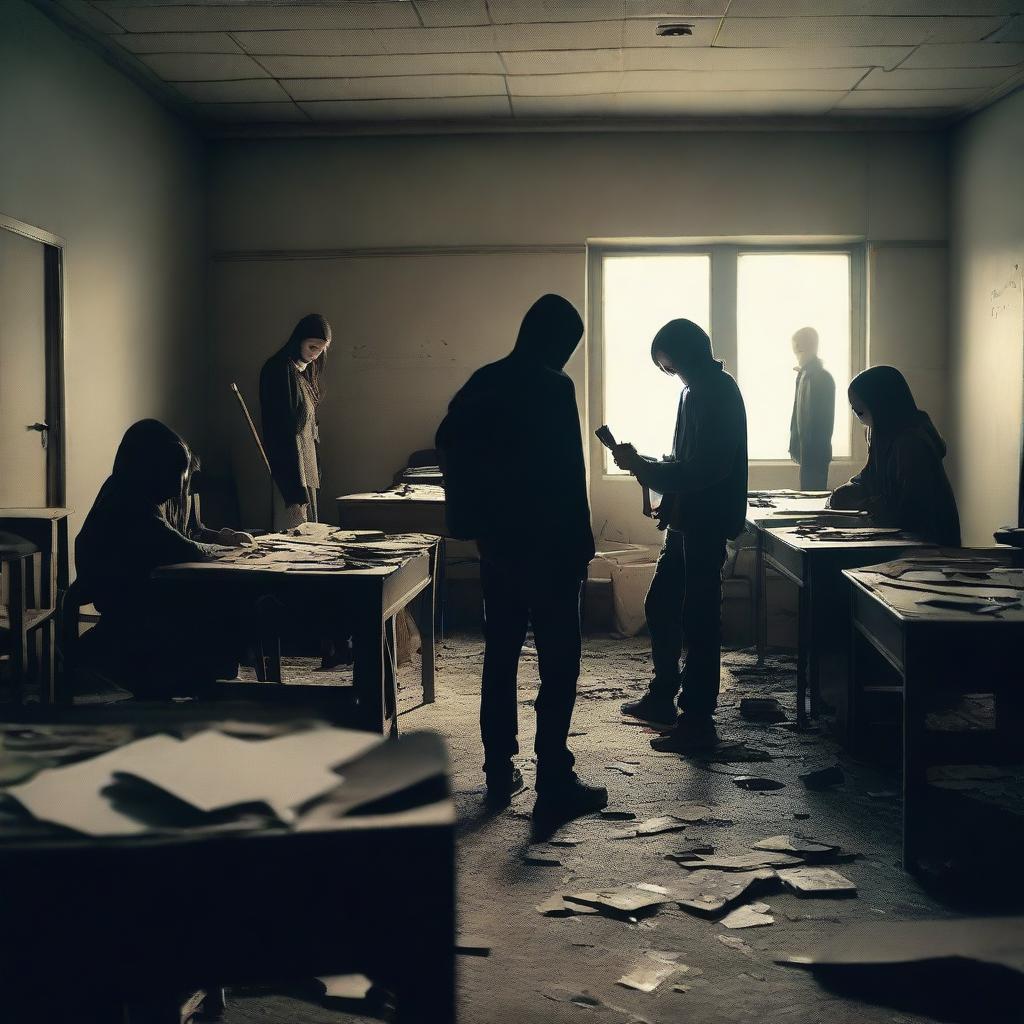 A group of students inside a room in a school during an apocalypse