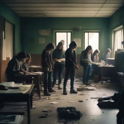 A group of students inside a room in a school during an apocalypse