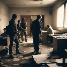 A group of students inside a room in a school during an apocalypse