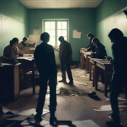 A group of students inside a room in a school during an apocalypse