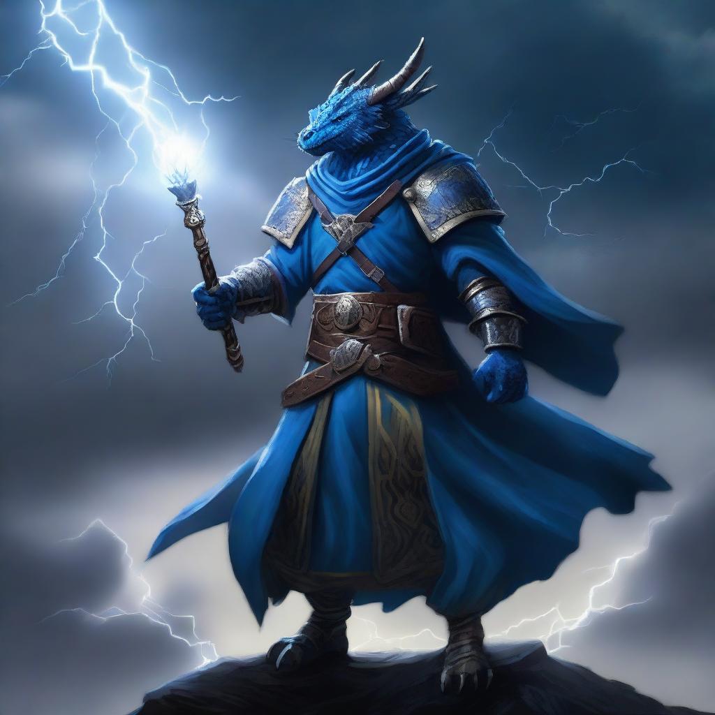 A tempest cleric blue dragonborn standing in a stormy landscape