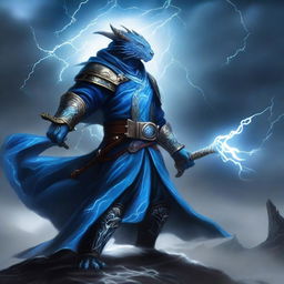 A tempest cleric blue dragonborn standing in a stormy landscape