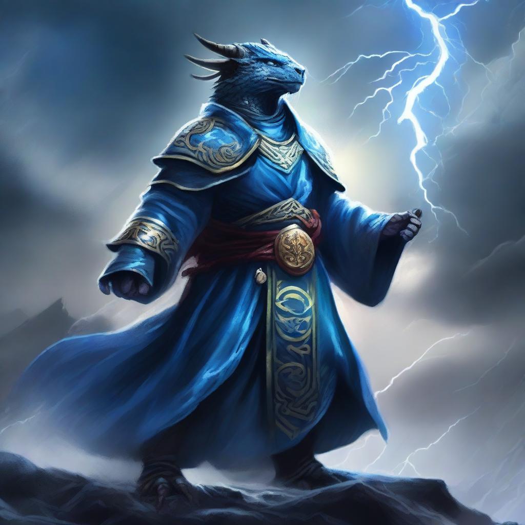 A tempest cleric blue dragonborn standing in a stormy landscape