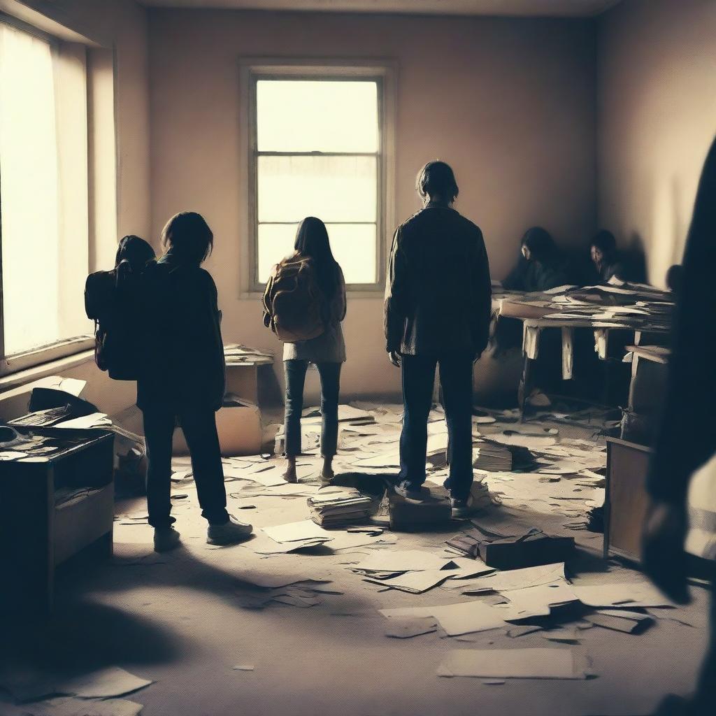 A group of students inside a room in a school during an apocalypse