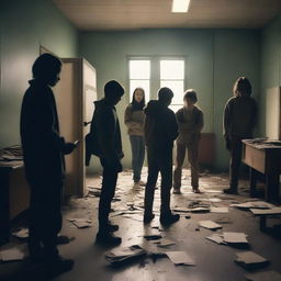 A group of students inside a room in a school during an apocalypse