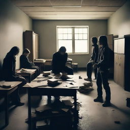 A group of students inside a room in a school during an apocalypse