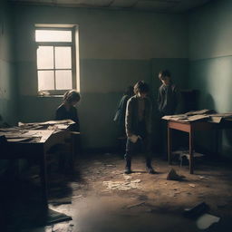 A group of students inside a room in a school during an apocalypse