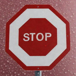 An octagonal stop traffic sign with a glistening red blood droplet at the center pierced by shimmering sugar crystals.