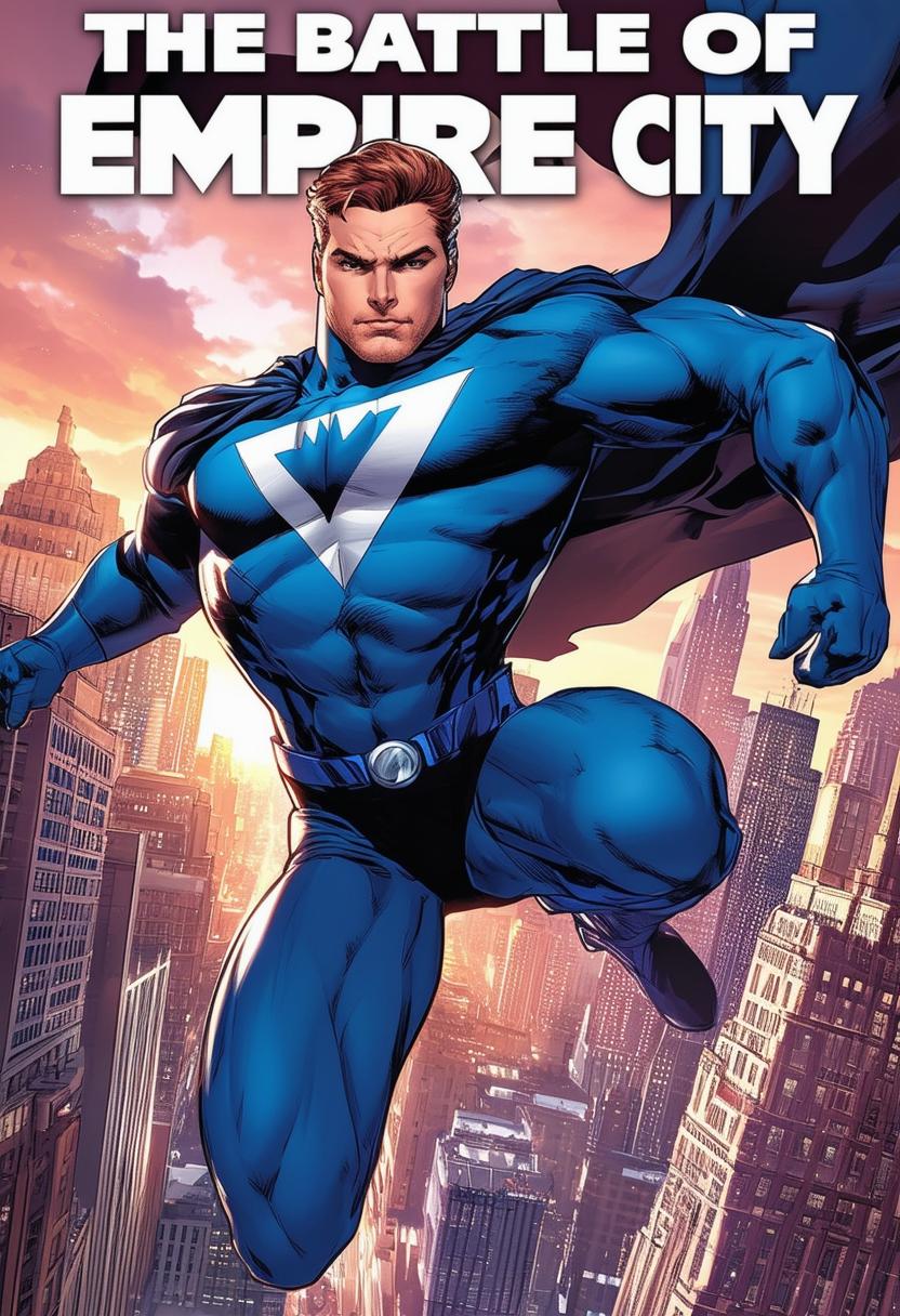 High-definition comic book cover titled 'The Battle of Empire City' featuring a handsome superhero in a blue outfit and cape, flying over a beautiful cityscape