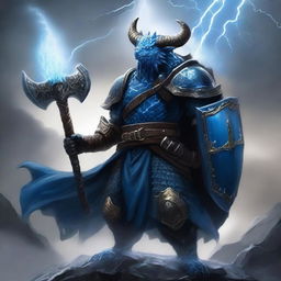 A fearsome evil tempest cleric dragonborn with blue scales, wielding a massive warhammer in one hand and a shield in the other