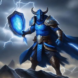 A fearsome evil tempest cleric dragonborn with blue scales, wielding a massive warhammer in one hand and a shield in the other