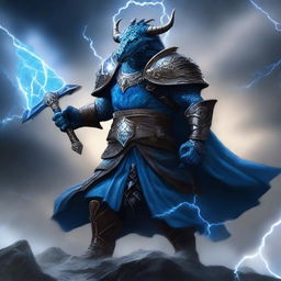 A fearsome evil tempest cleric dragonborn with blue scales, wielding a massive warhammer in one hand and a shield in the other