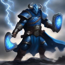 A fearsome evil tempest cleric dragonborn with blue scales, wielding a massive warhammer in one hand and a shield in the other