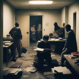 A group of students inside a room in a school during an apocalypse