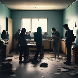 A group of students inside a room in a school during an apocalypse