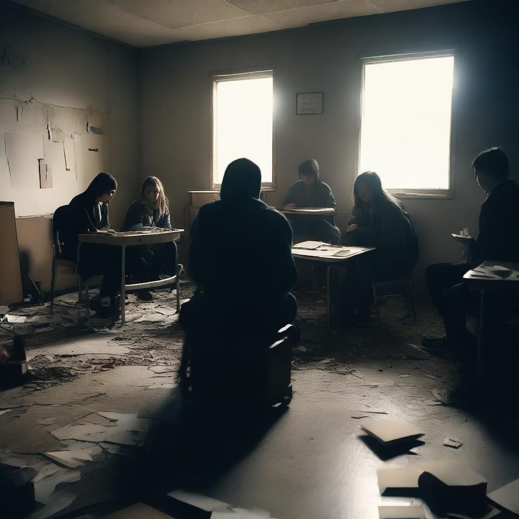 A group of students inside a room in a school during an apocalypse