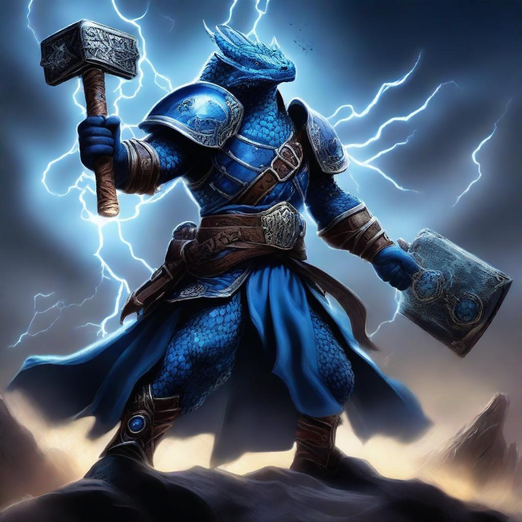 A fearsome evil tempest cleric blue dragonborn wielding a massive war hammer