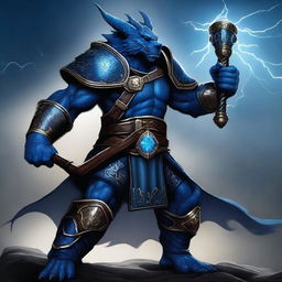 A fearsome evil tempest cleric blue dragonborn wielding a massive war hammer