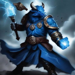 A fearsome evil tempest cleric blue dragonborn wielding a massive war hammer