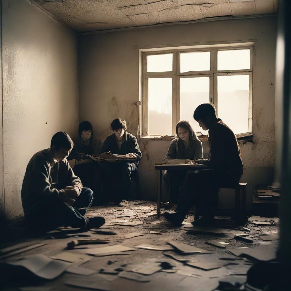 A group of students inside a room in a school during an apocalypse