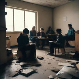 A group of students inside a room in a school during an apocalypse