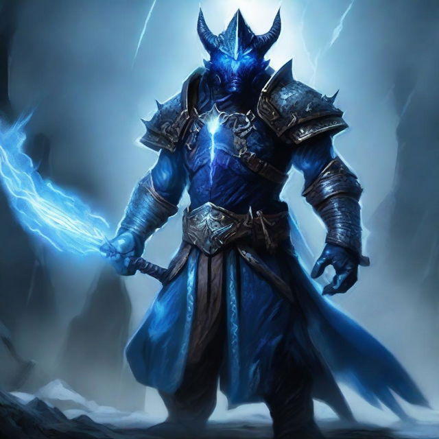 An evil tempest cleric blue dragonborn wearing heavy armor stands in a dark, stormy environment