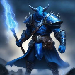 An evil tempest cleric blue dragonborn wearing heavy armor stands in a dark, stormy environment