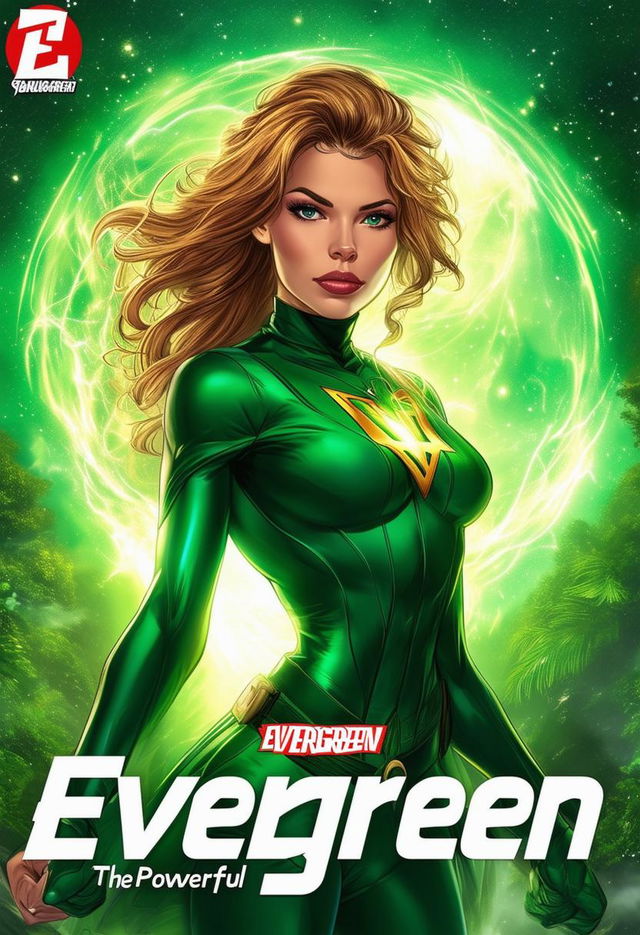 High-definition comic book cover titled 'Evergreen the Powerful' featuring a female superhero with nature powers in a green-themed outfit, set against a magical nature background