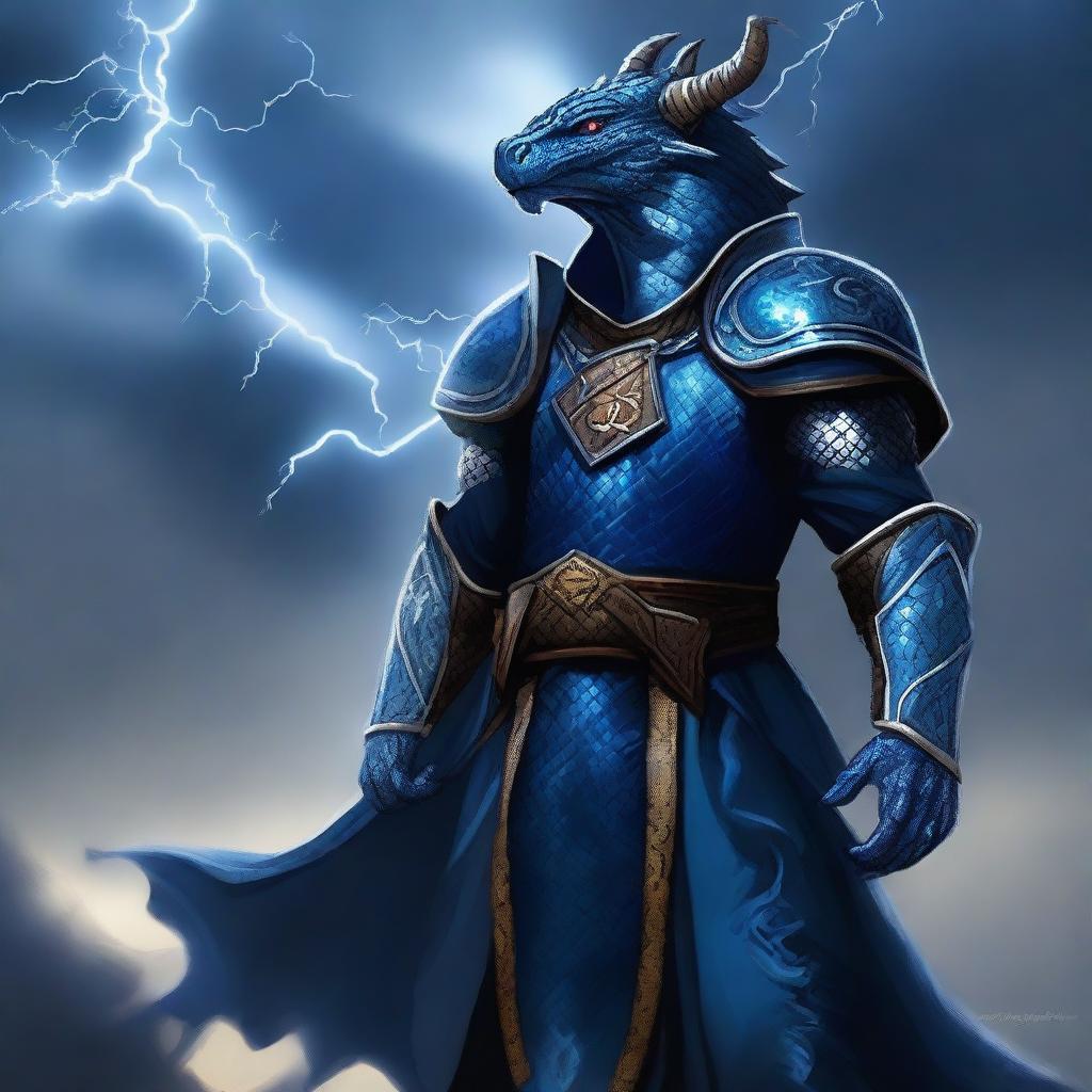 A tempest cleric dark blue dragonborn wearing a tunic on top of his armor