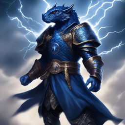 A tempest cleric dark blue dragonborn wearing a tunic on top of his armor