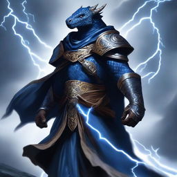 A tempest cleric dark blue dragonborn wearing a tunic on top of his armor