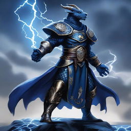 A tempest cleric dark blue dragonborn wearing a tunic on top of his armor