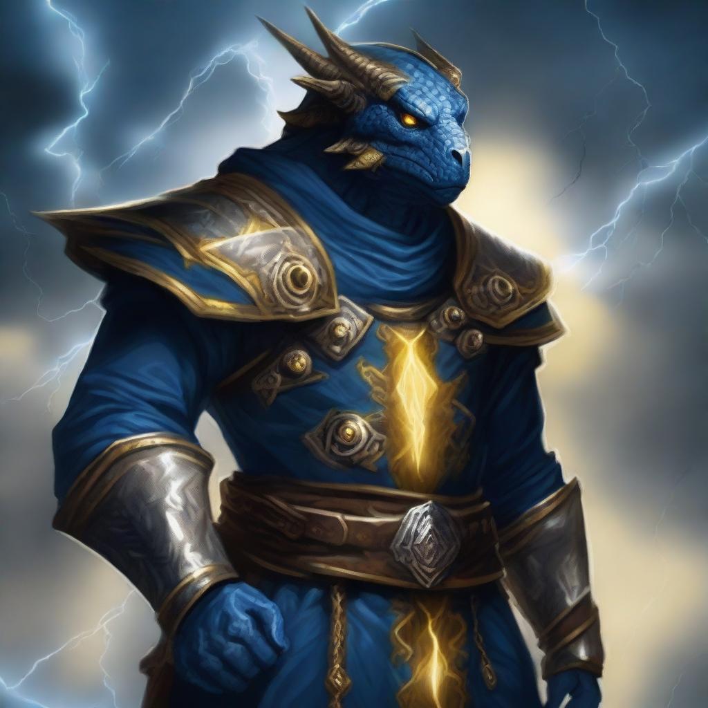 A tempest cleric dark blue dragonborn with yellow eyes, wearing a tunic over his armor