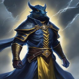 A tempest cleric dark blue dragonborn with yellow eyes, wearing a tunic over his armor