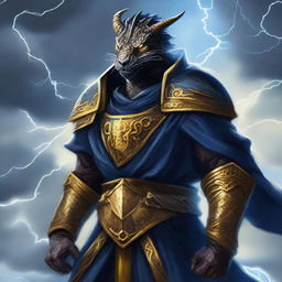 A tempest cleric dark blue dragonborn with yellow eyes, wearing a tunic over his armor