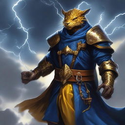 A tempest cleric dark blue dragonborn with yellow eyes, wearing a tunic over his armor