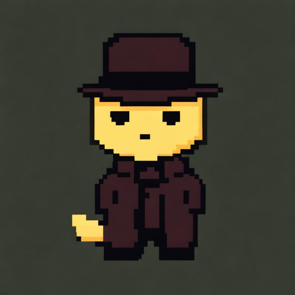 An 8-bit pixel art image of a yellow cat with yellow eyes, wearing a black hat and a very dark brown trench coat