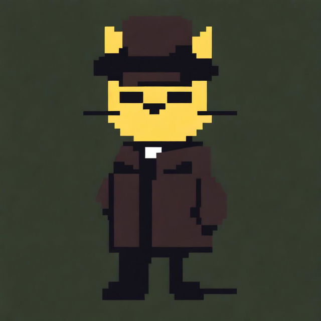 An 8-bit pixel art image of a yellow cat with yellow eyes, wearing a black hat and a very dark brown trench coat