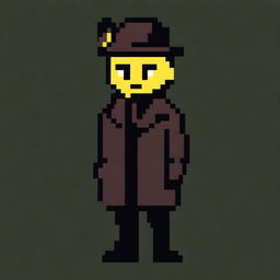 An 8-bit pixel art image of a yellow cat with yellow eyes, wearing a black hat and a very dark brown trench coat