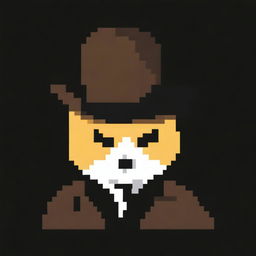 An 8-bit pixel art image of a yellow cat with yellow eyes, wearing a black hat and a very dark brown trench coat