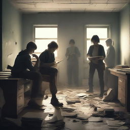 A group of students inside a room in a school during an apocalypse